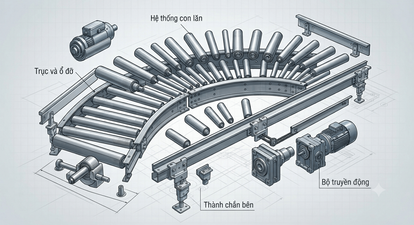Cấu tạo của băng tải con lăn cong 90 độ