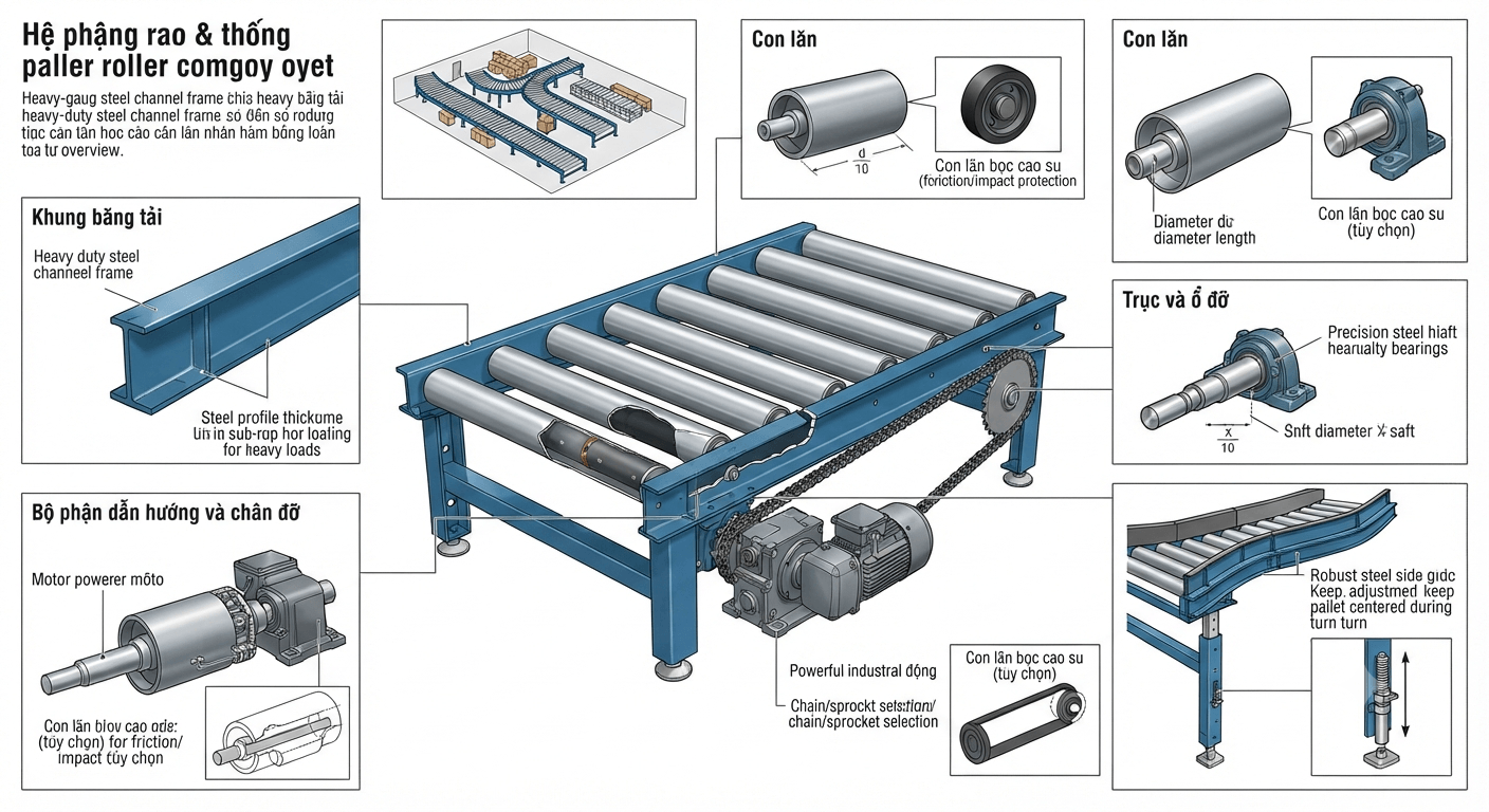 Cấu tạo băng tải con lăn pallet
