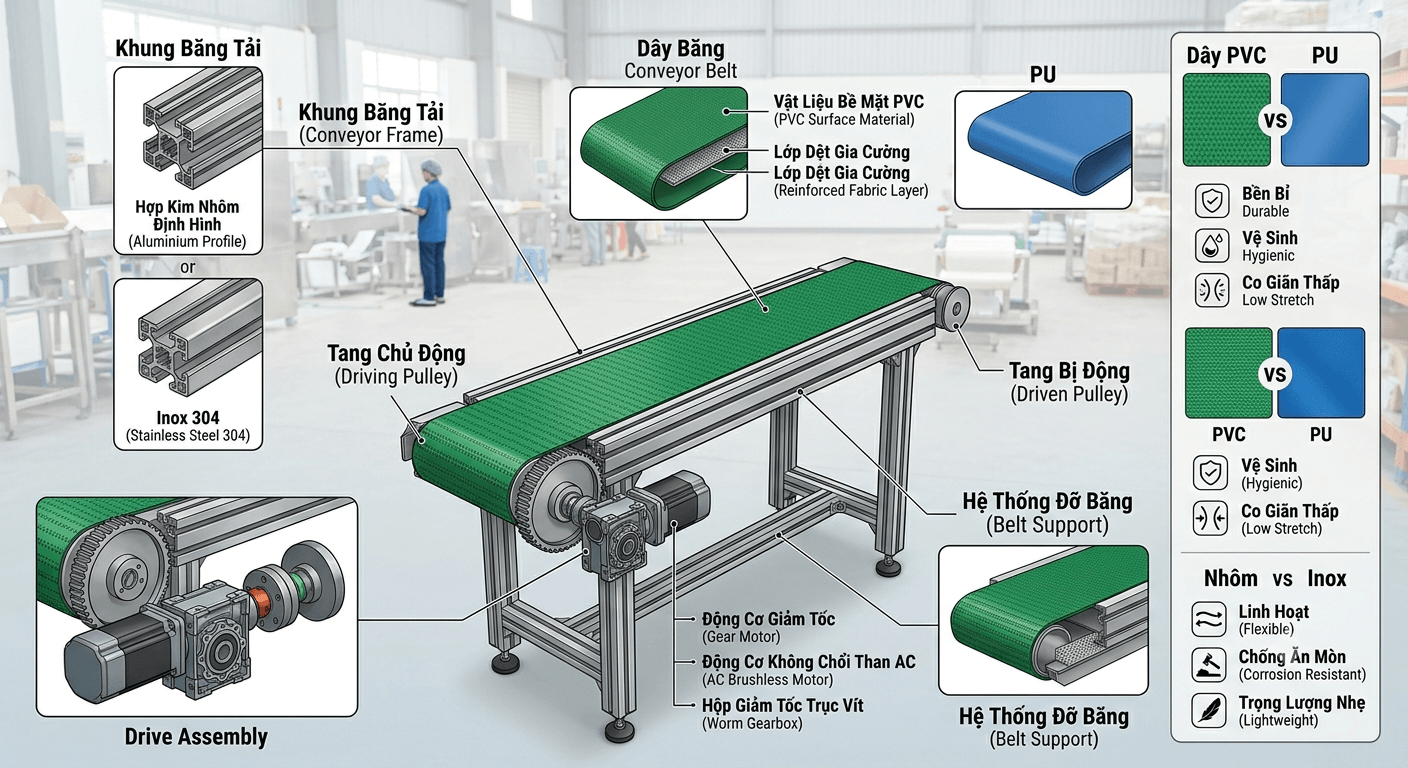  Cấu tạo cơ bản của băng tải mini