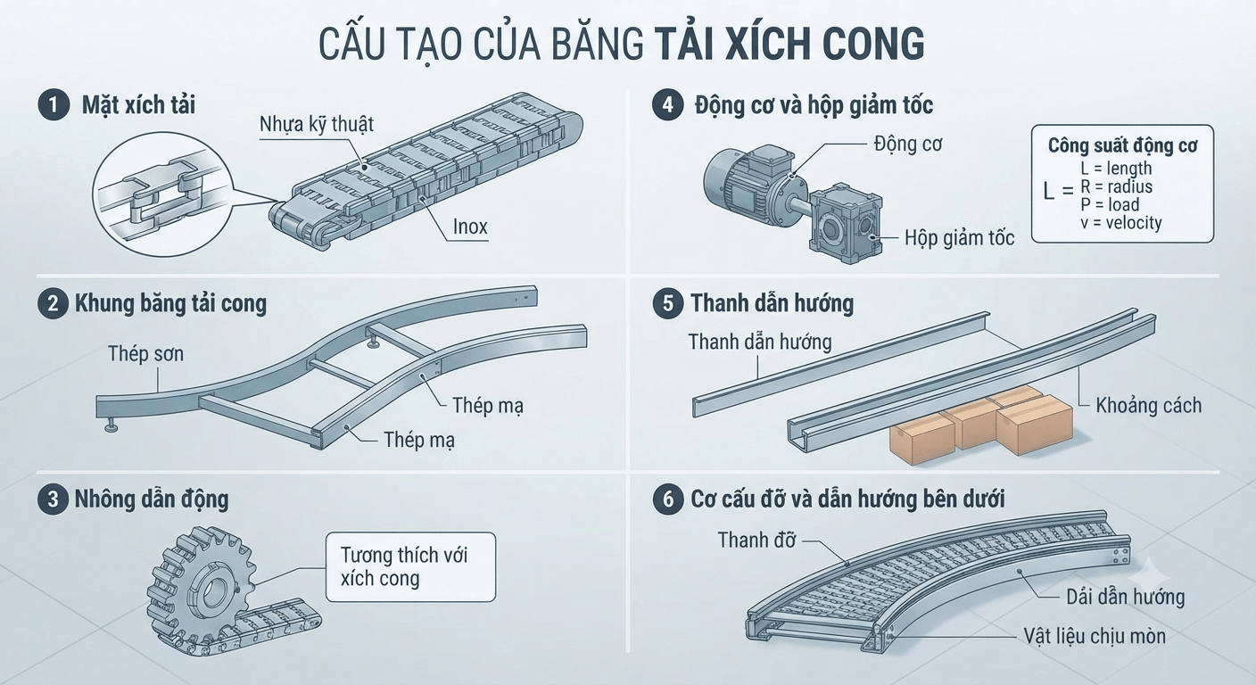 Cấu tạo của băng tải xích cong