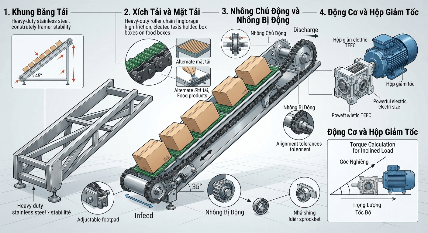 Cấu tạo của băng tải xích nghiêng