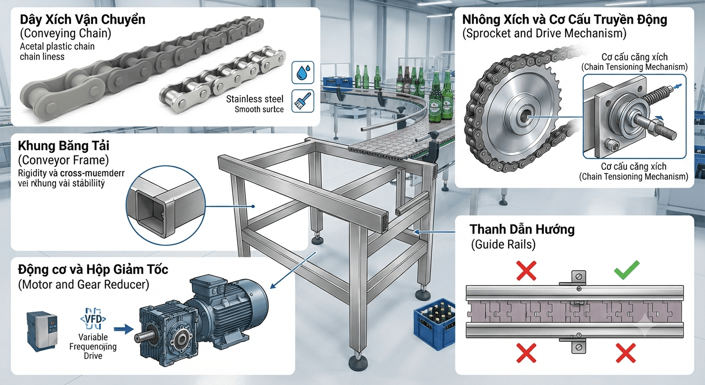 Cấu tạo của băng tải xích tải chai, lon và thùng