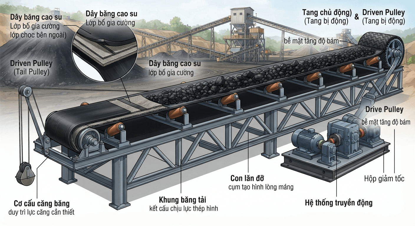 Cấu tạo băng tải cao su vận chuyển than