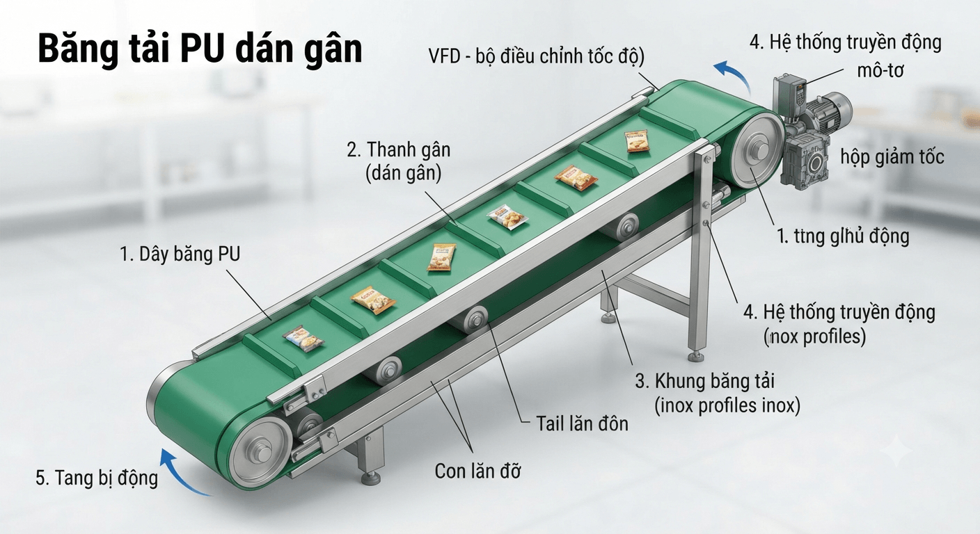 Cấu tạo của băng tải PU dán gân