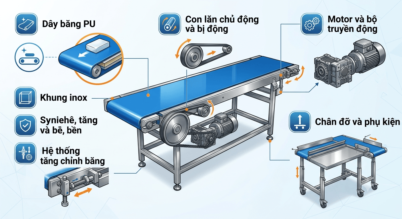 Cấu tạo của băng tải PU khung inox