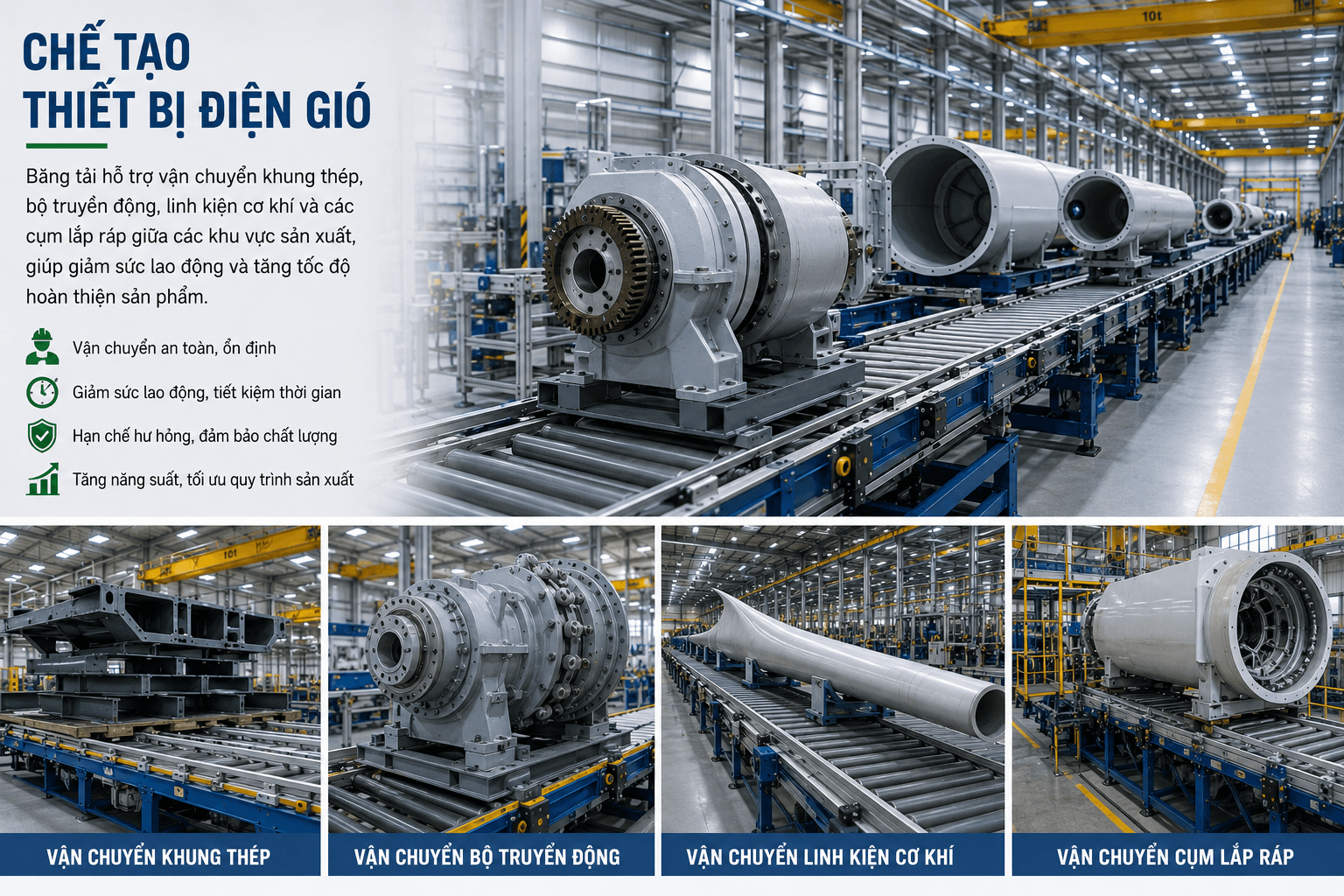 băng tải giúp chế tạo thiết bị điện gió