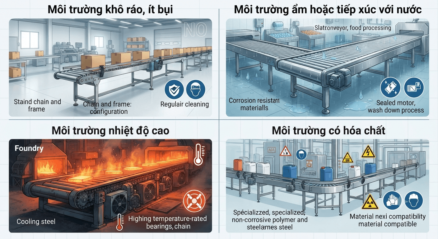Chọn băng tải theo điều kiện vận hành