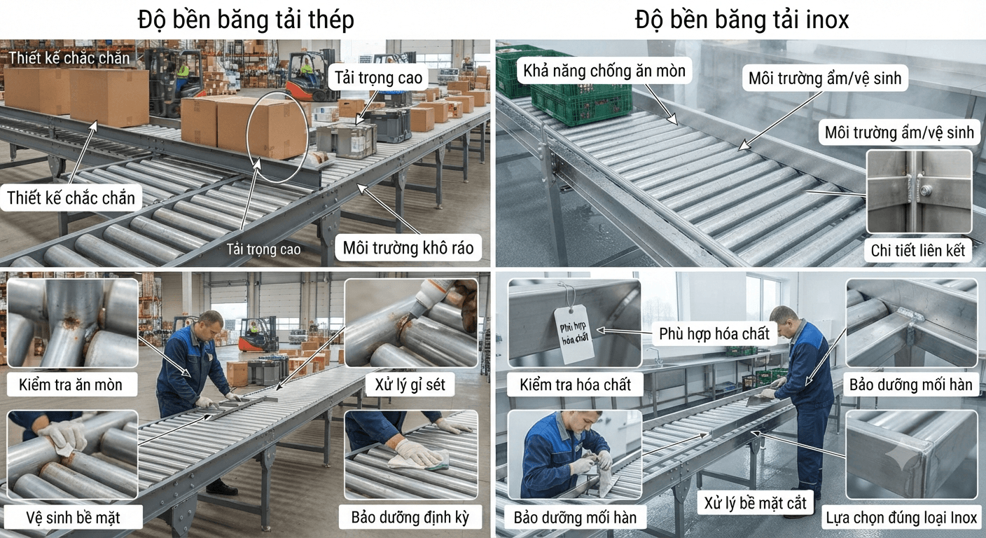 Độ bền của băng tải con lăn thép và inox