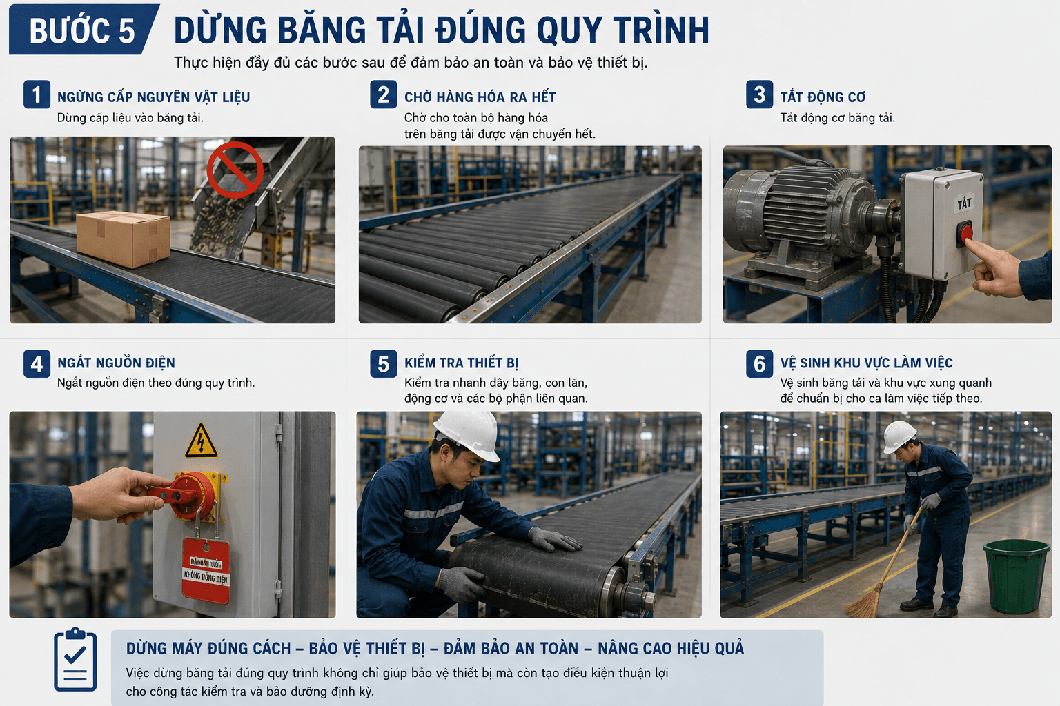 dừng băng tải đúng quy trình