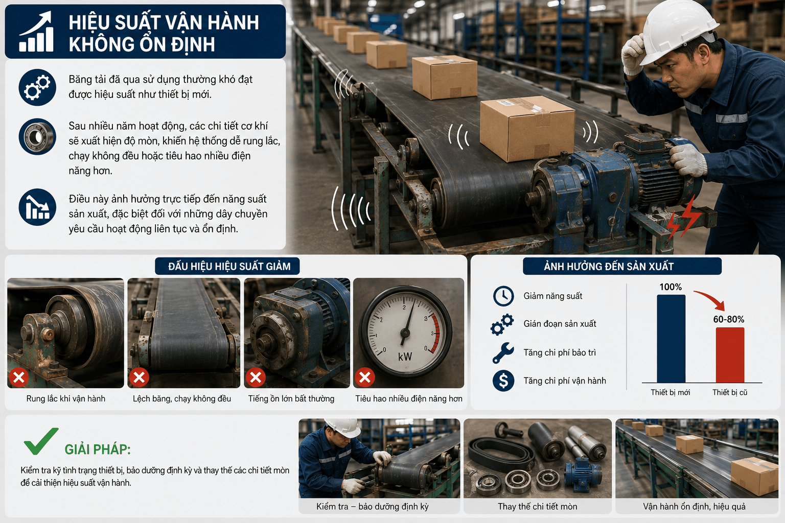hiệu suất vận hành băng tải không ổn định