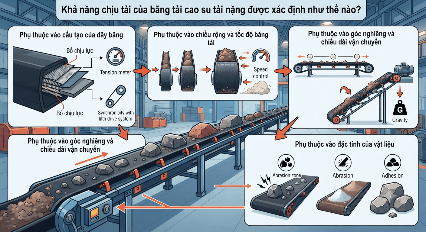 Khả năng chịu tải của băng tải cao su tải nặng được xác định như thế nào?