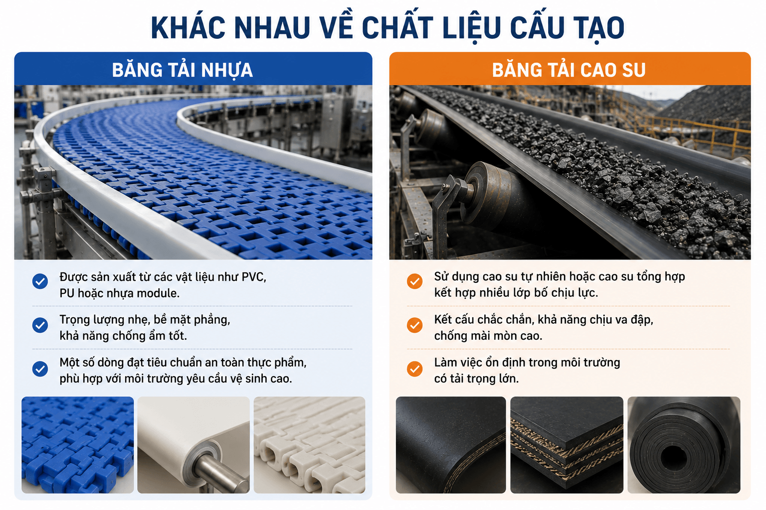 băng tải nhựa so với băng tải cao su