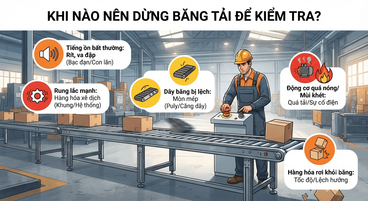 khi nào nên dừng băng tải để kiểm tra