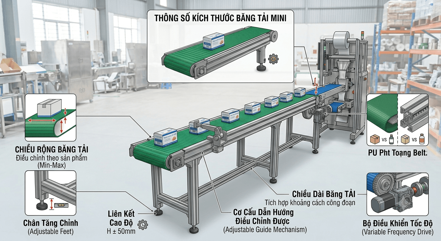 Kích thước băng tải mini đóng gói