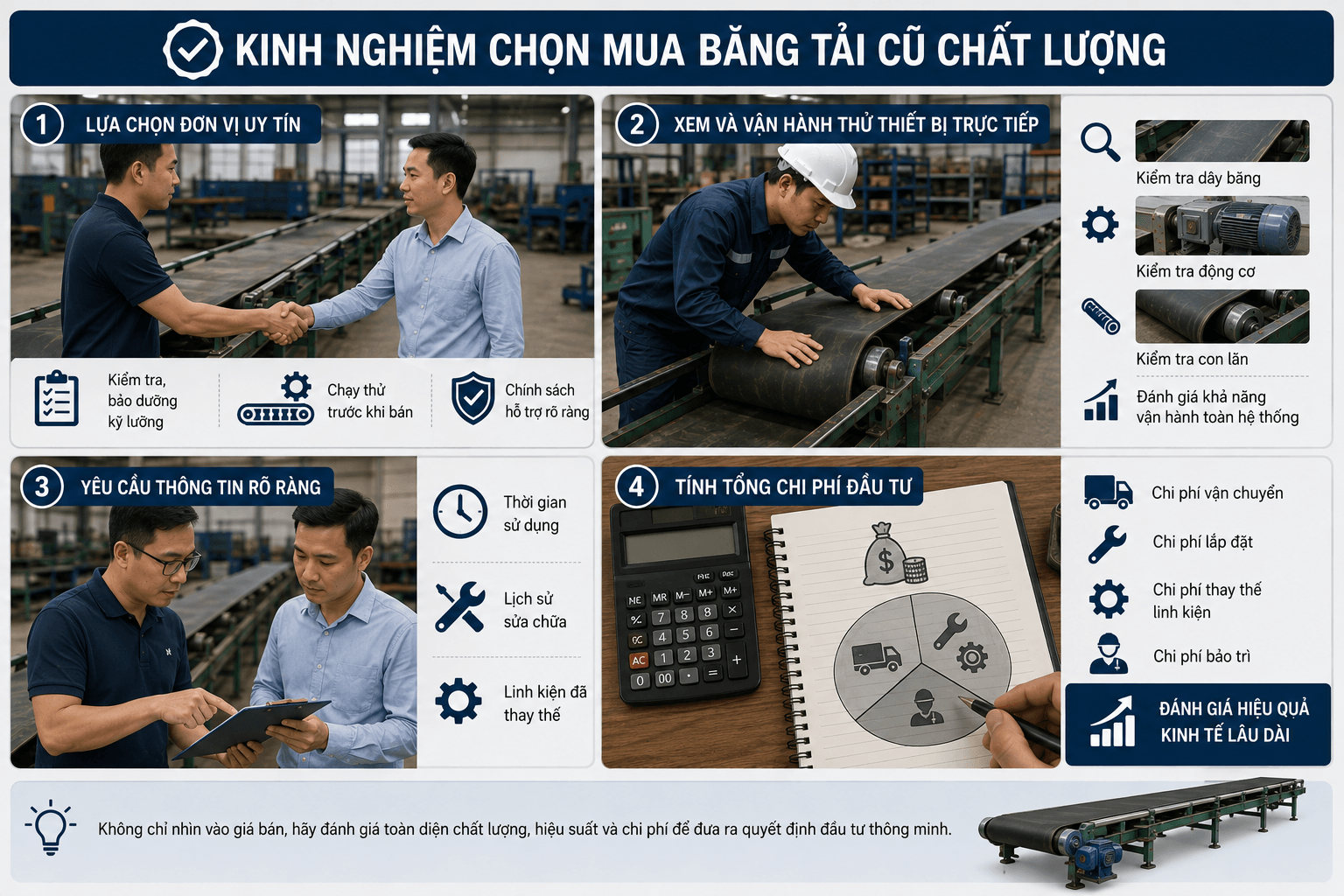 kinh nghiệm chọn băng tải cũ chất lượng