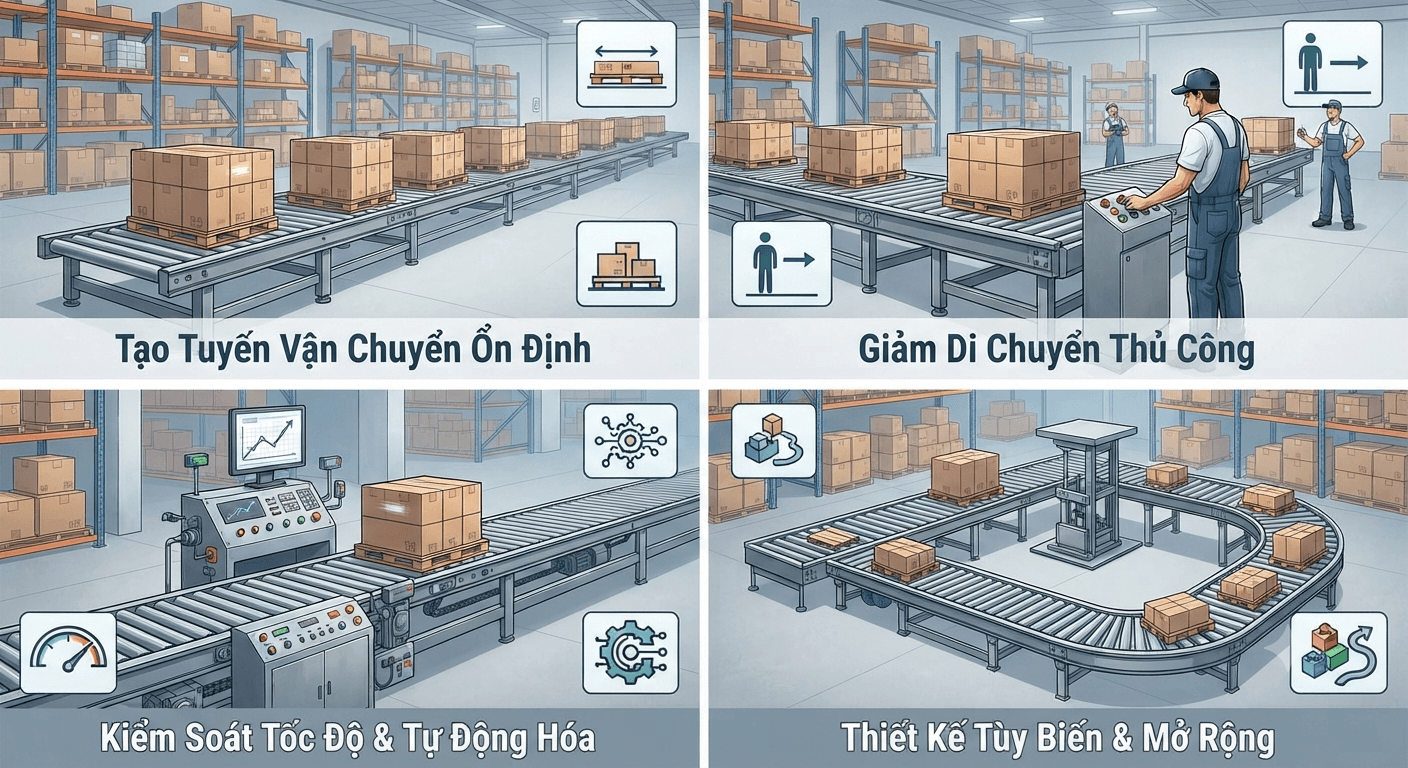 Lợi ích khi sử dụng băng tải con lăn cho pallet