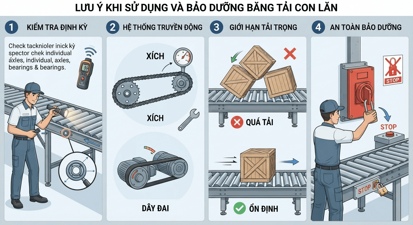 Lưu ý khi sử dụng và bảo dưỡng băng tải con lăn