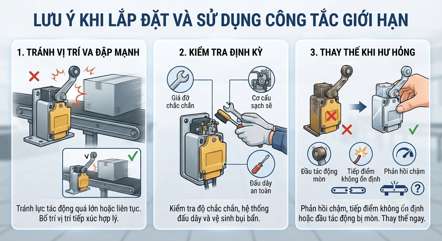 lưu ý khi lắp đặt và sử dụng công tắc giới hạn
