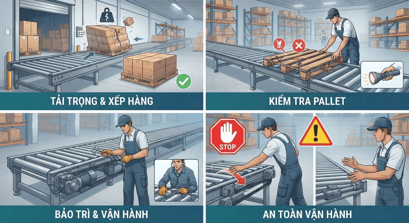 Lưu ý khi vận hành băng tải con lăn pallet
