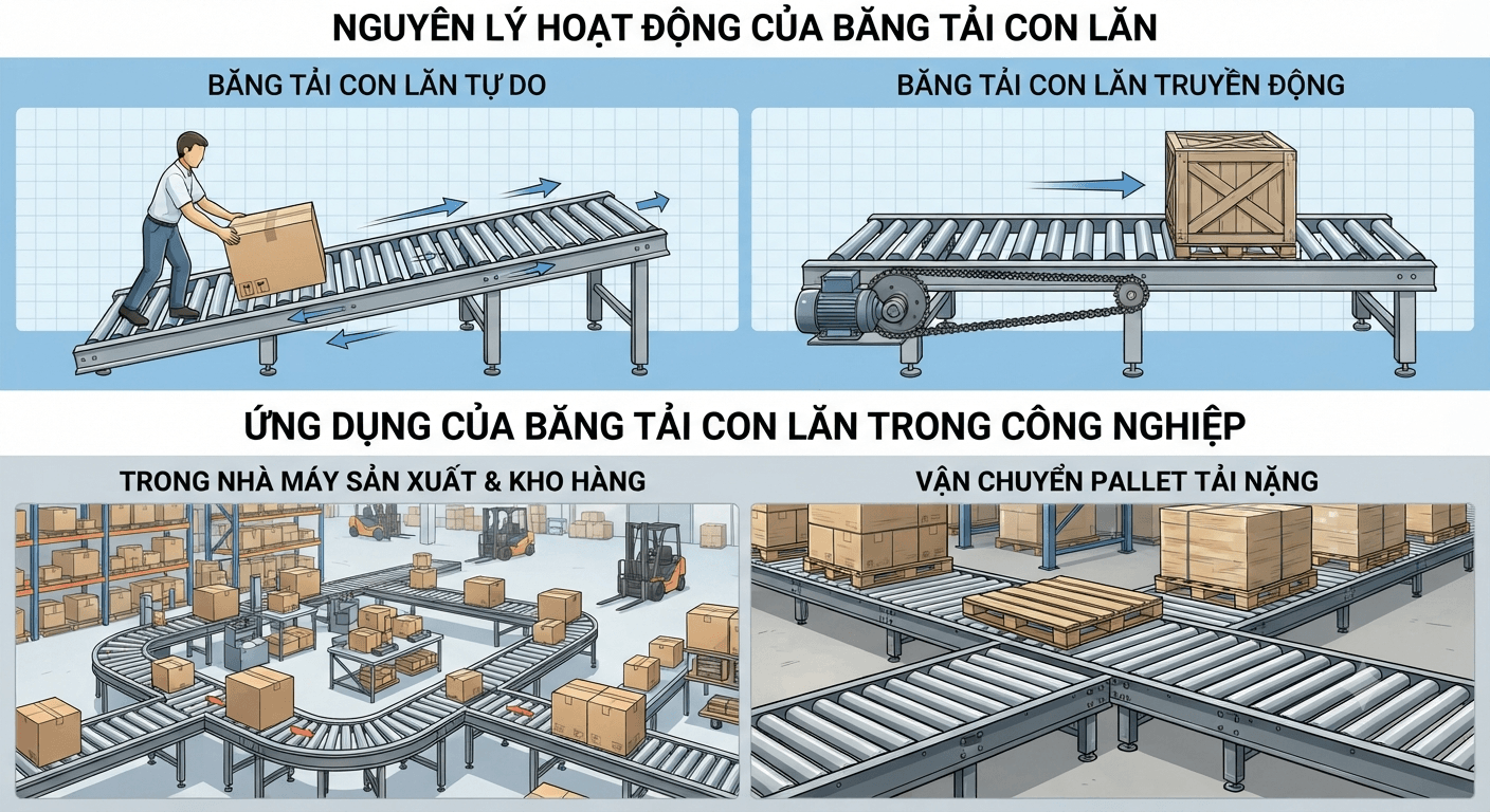 Nguyên lý hoạt động của băng tải con lăn