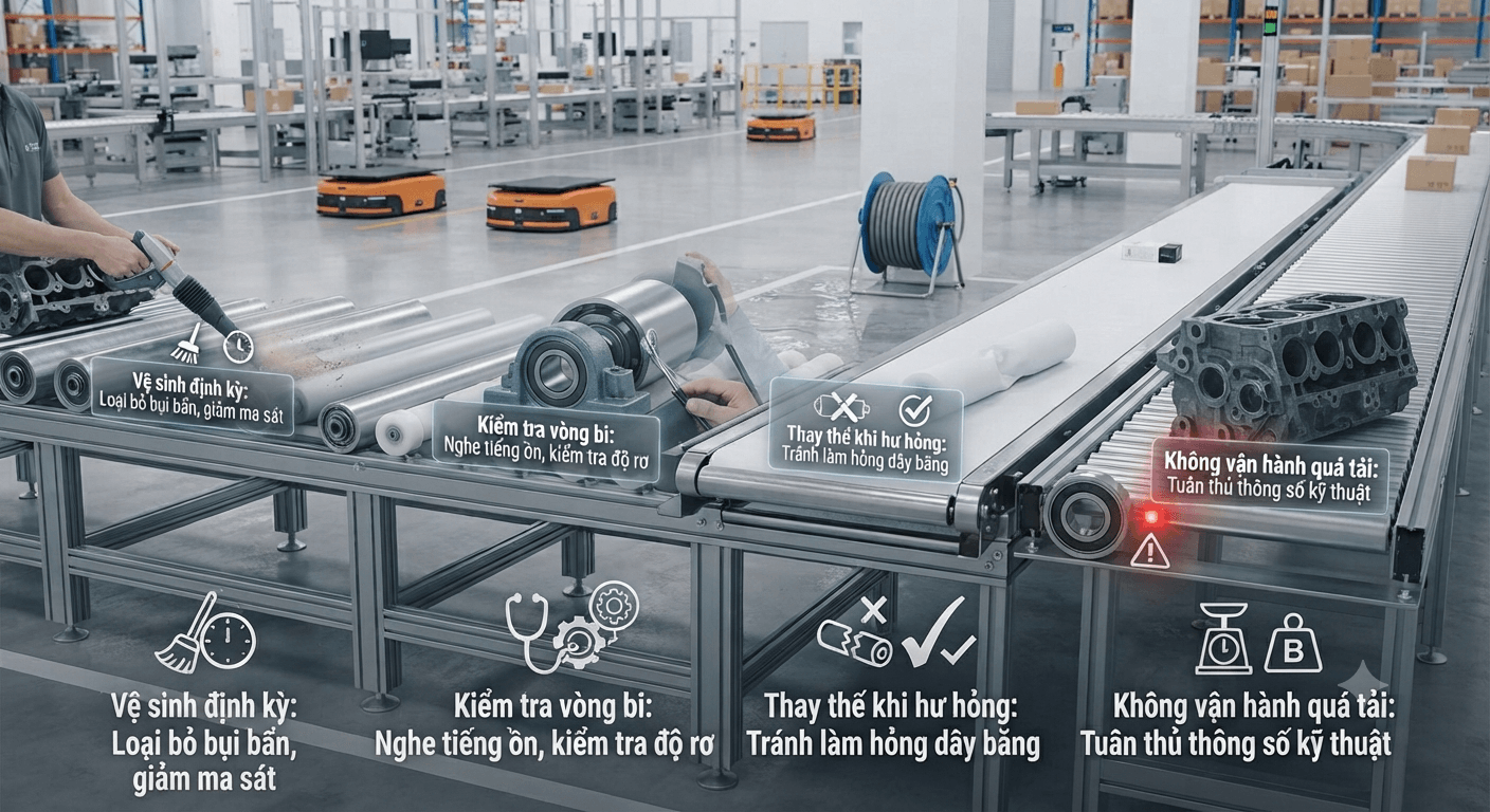 Những lưu ý để tăng tuổi thọ con lăn băng tải