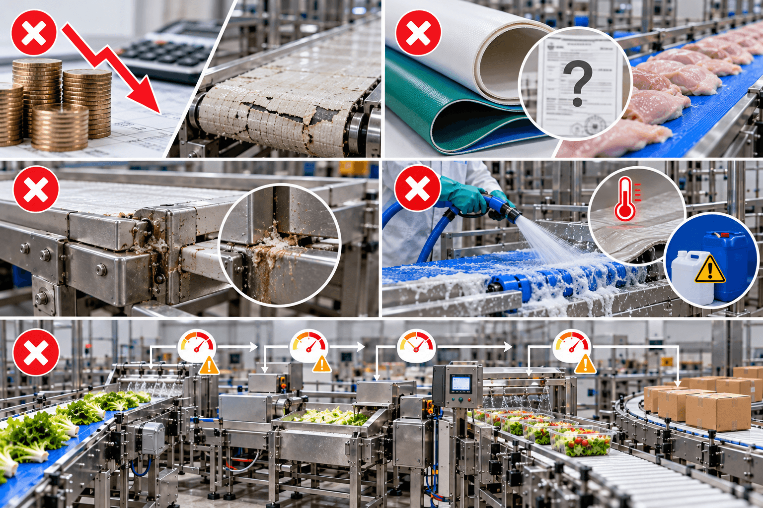 Những sai lầm cần tránh khi đầu tư băng tải thực phẩm  Một số sai lầm trong khâu lựa chọn có thể làm tăng chi phí vận hành và ảnh hưởng đến điều kiện vệ sinh của nhà máy.  Chỉ chọn theo giá thành: Thiết bị có giá ban đầu thấp nhưng không phù hợp với hóa chất vệ sinh hoặc nhiệt độ làm việc có thể nhanh xuống cấp. Cần so sánh cả chi phí vận hành, thay thế và bảo trì.  Không xác nhận vật liệu tiếp xúc thực phẩm: Tên gọi như “PVC thực phẩm” hoặc “PU thực phẩm” chưa đủ để xác nhận tính phù hợp. Cần kiểm tra tài liệu kỹ thuật và hồ sơ của đúng mã vật liệu.  Bỏ qua thiết kế khung và mối nối: Dây băng phù hợp nhưng khung máy có khe hở khó vệ sinh vẫn có thể gây khó khăn trong kiểm soát nhiễm bẩn.  Không tính đến quy trình vệ sinh: Nếu dây băng không tương thích với nhiệt độ nước hoặc hóa chất được sử dụng, tuổi thọ thiết bị có thể bị ảnh hưởng.  Chỉ tính năng suất của riêng băng tải: Băng tải cần phối hợp với máy rửa, máy cắt, máy đóng gói và các thiết bị khác. Năng suất toàn dây chuyền mới là cơ sở quan trọng để đánh giá hiệu quả đầu tư.