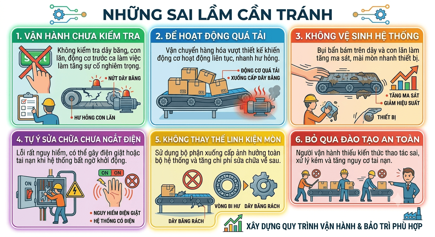 Những sai lầm cần tránh khi dử dụng băng tải