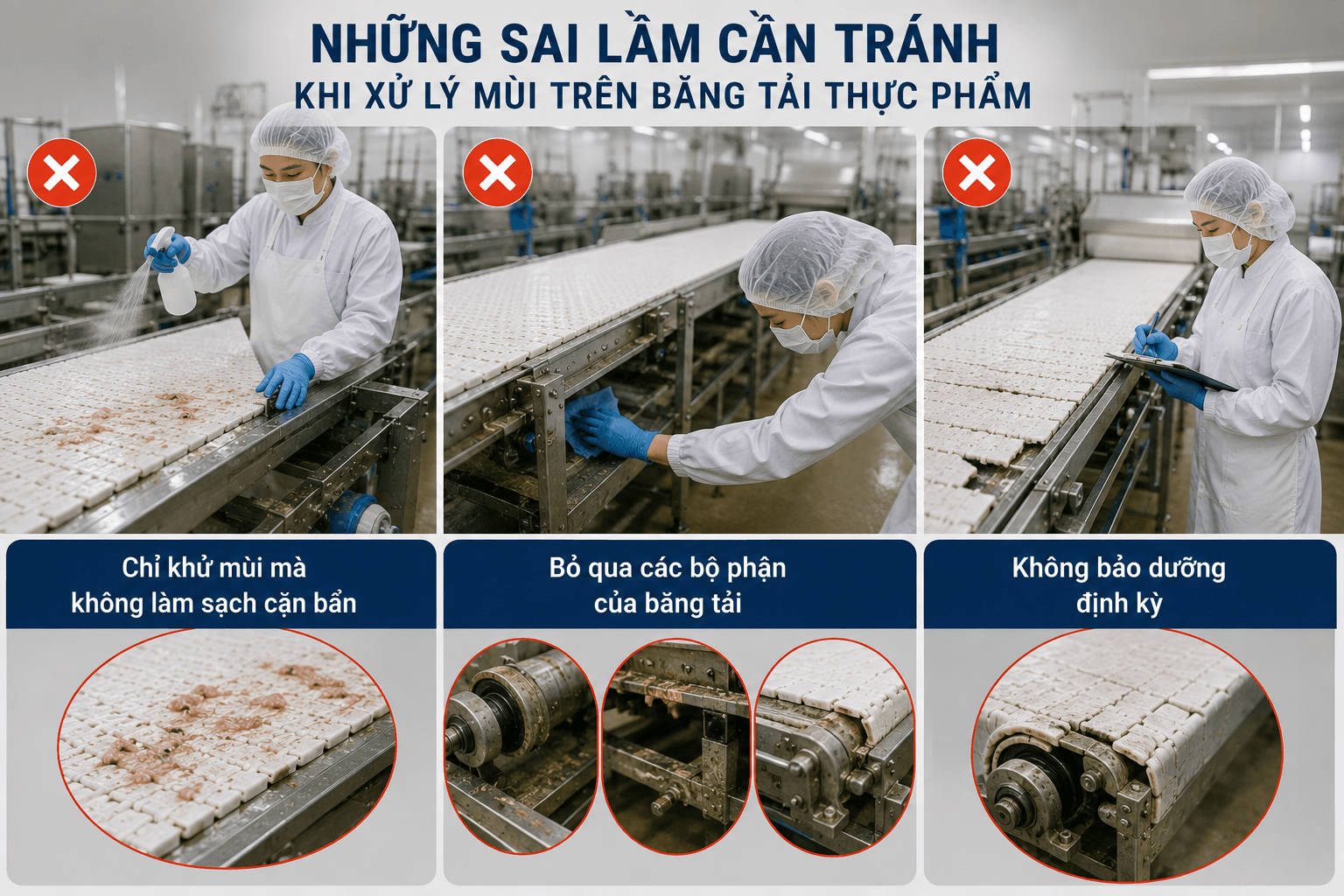 những sai lầm cần tránh jkhi khử mùi trên băng tải thực phẩm