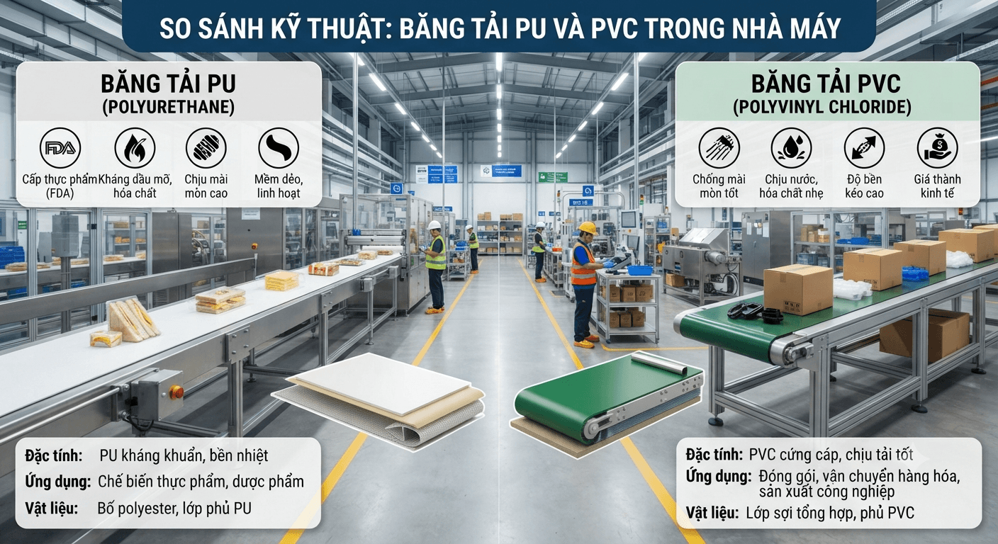 So sánh đặc điểm của băng tải PU và PVC