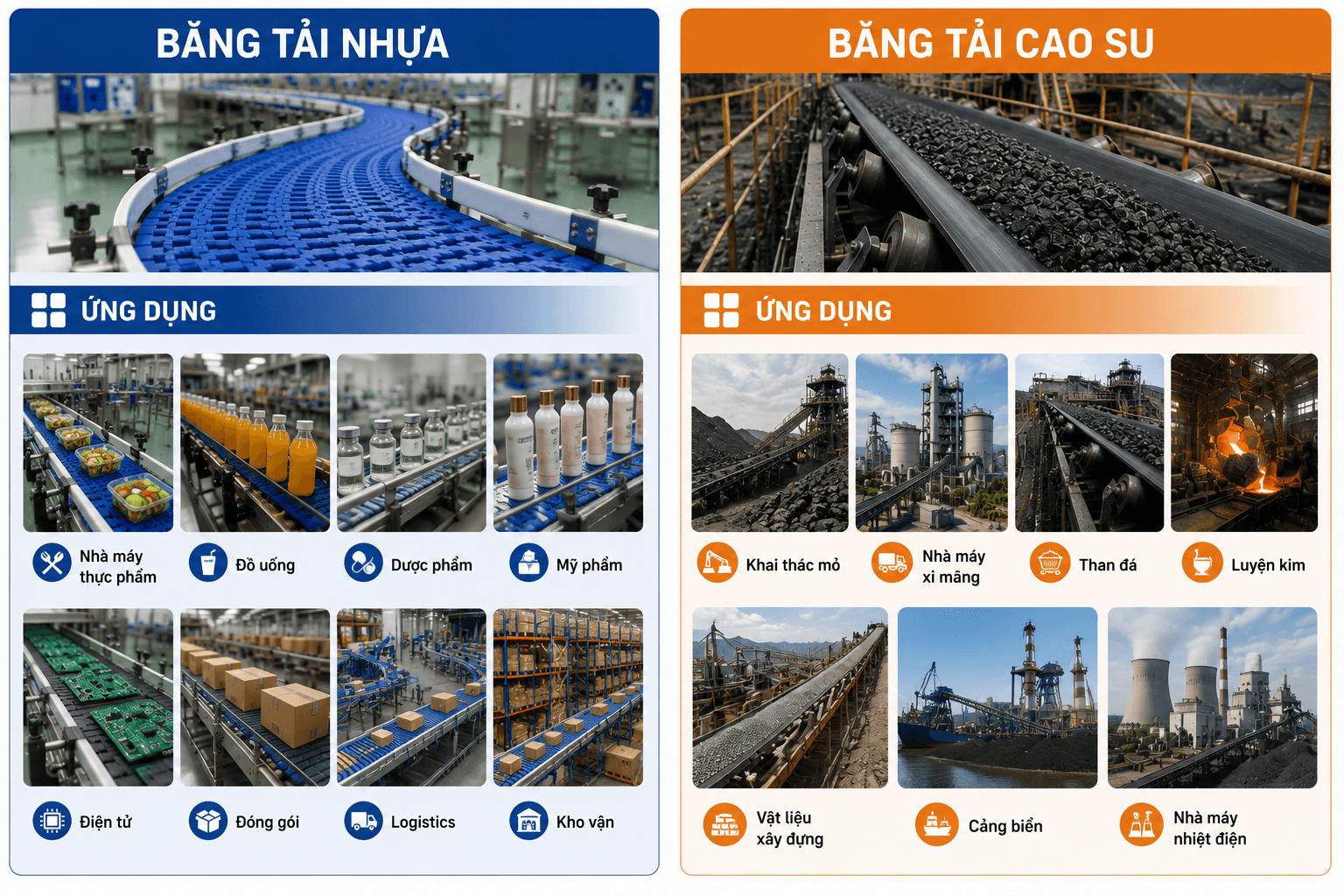 ứng dụng của băng tải nhựa và băng tải cao su