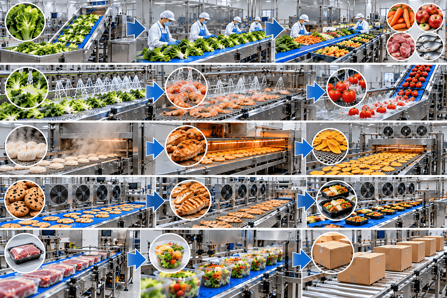 Ứng dụng băng tải theo từng công đoạn chế biến thực phẩm
