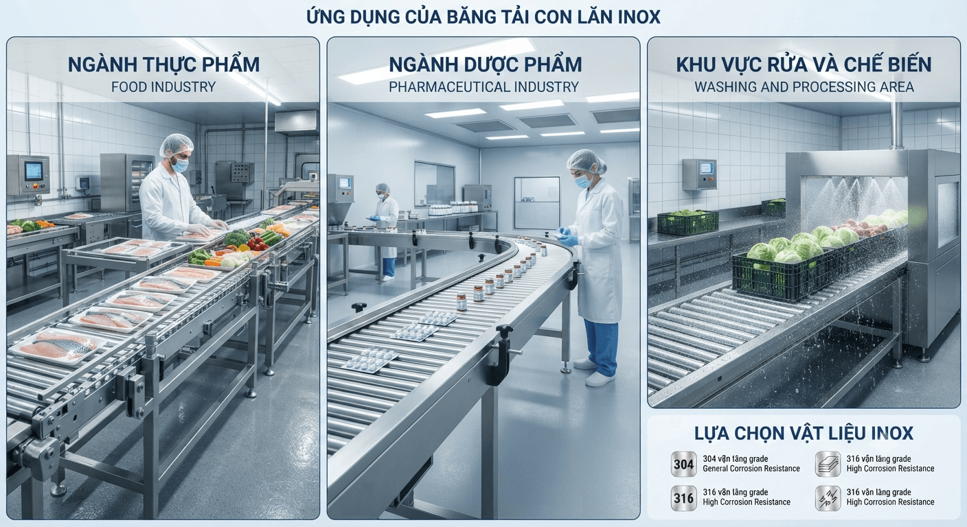 Ứng dụng của băng tải con lăn inox