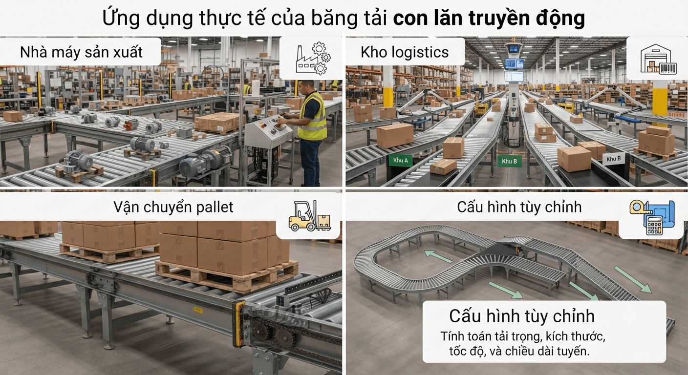 Ứng dụng thực tế của băng tải con lăn truyền động