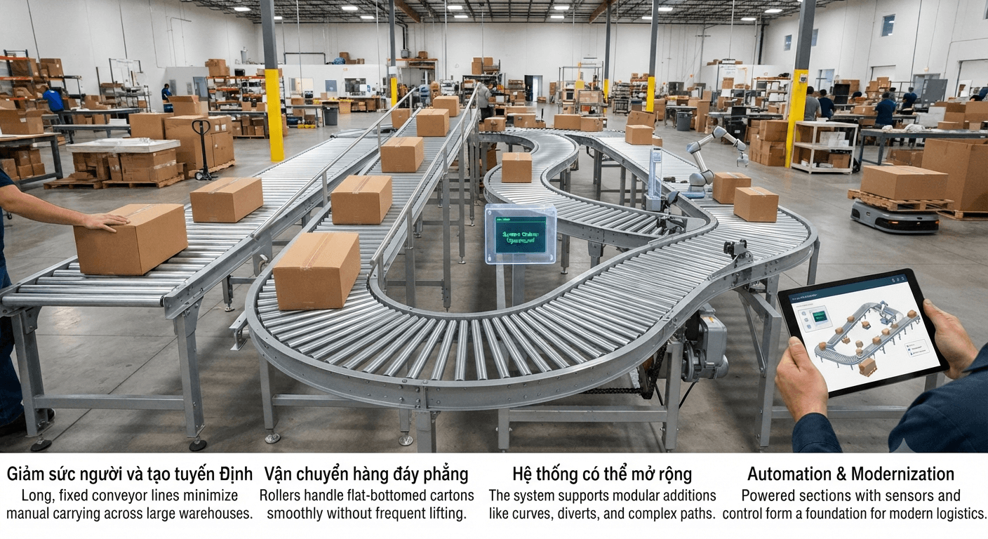 Ưu điểm của băng tải con lăn vận chuyển thùng carton