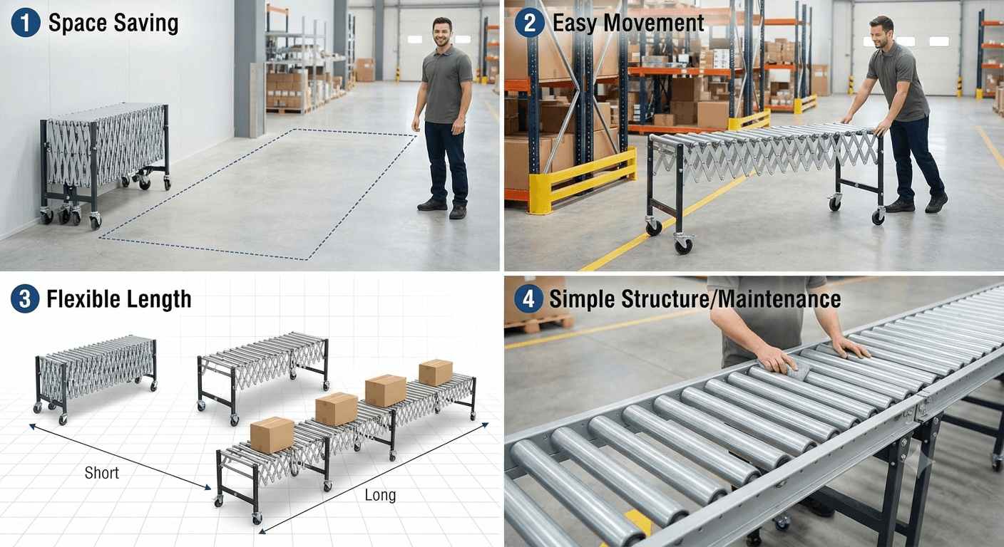 Ưu điểm của băng tải con lăn xếp