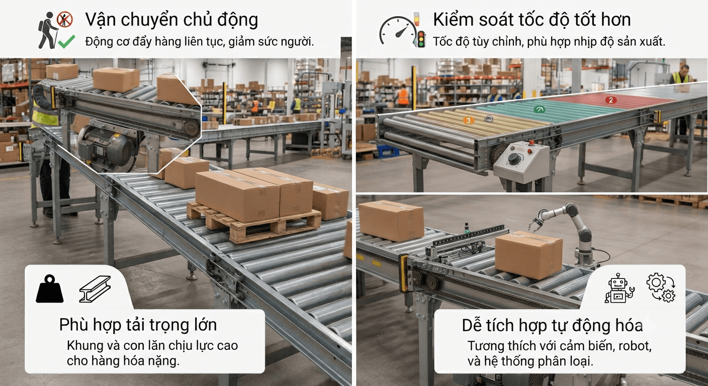 Ưu điểm của băng tải con lăn truyền động