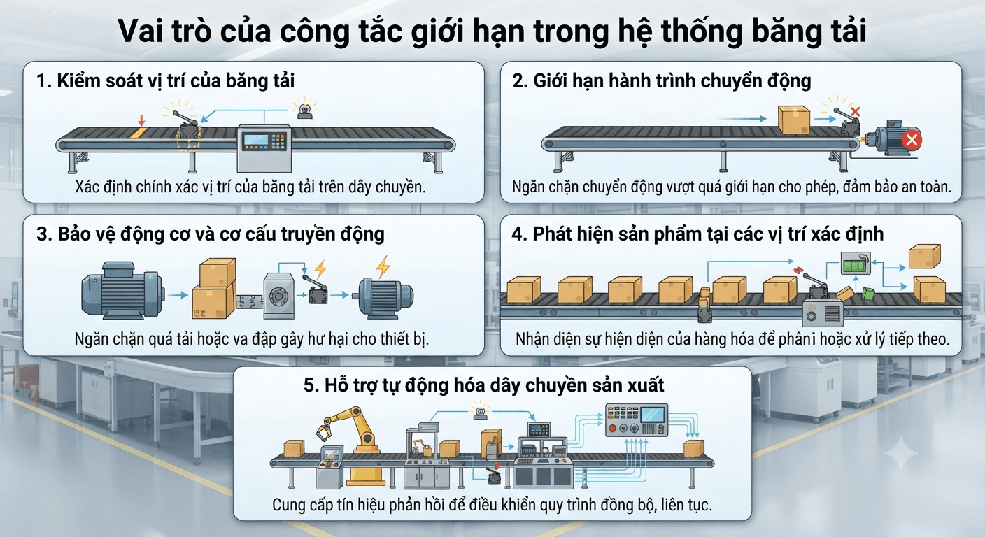vai trò của công tắc giới hạn trong hệ thống băng tải