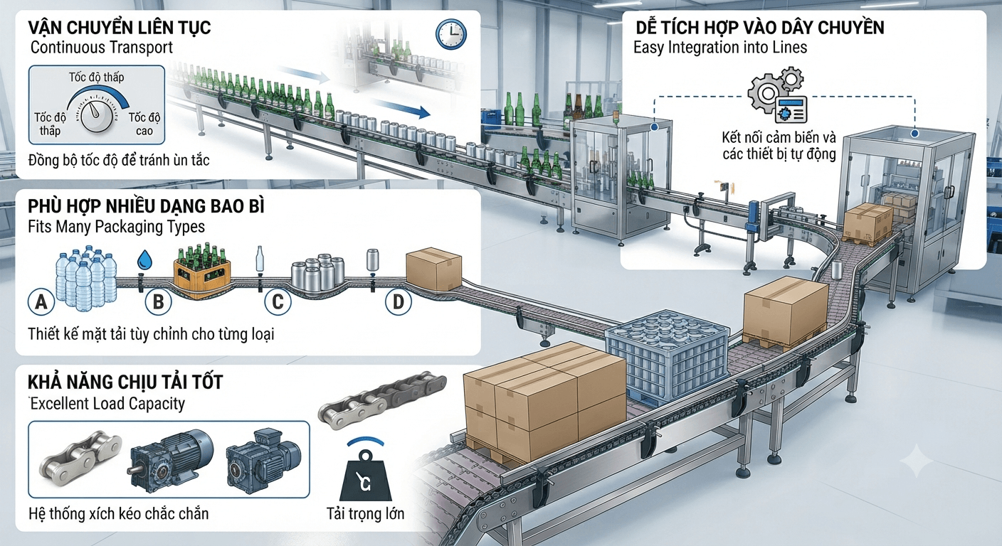 Vì sao băng tải xích phù hợp với chai, lon và thùng
