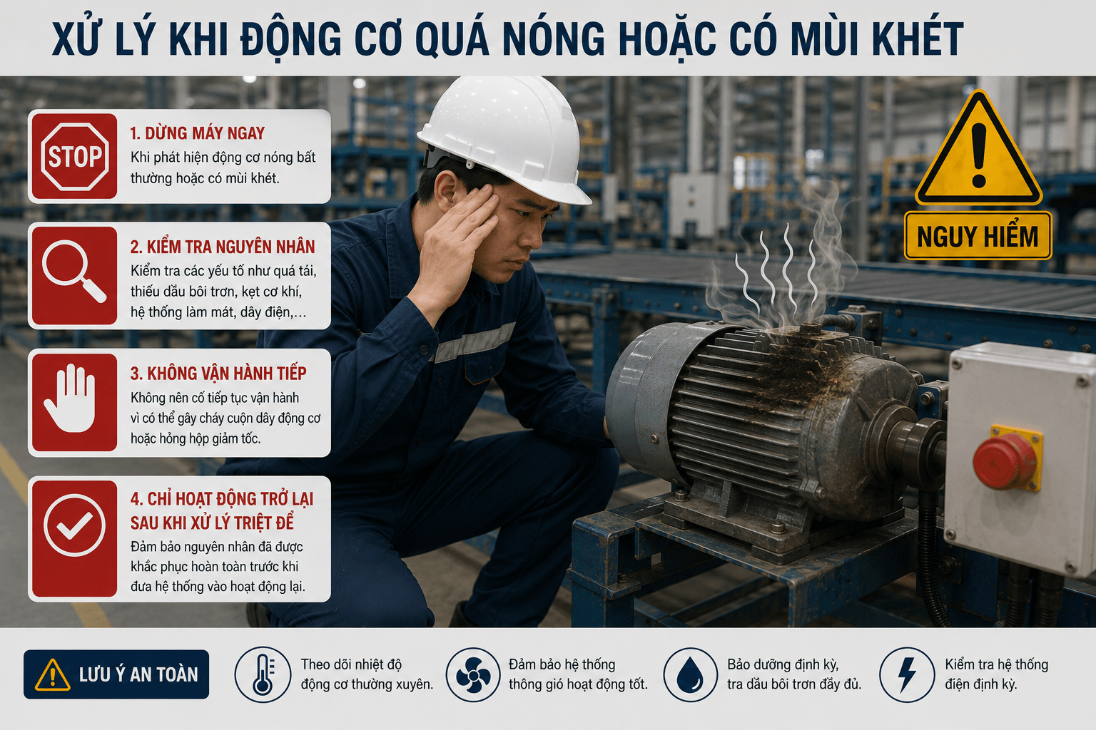xử lí khi băng tải nóng hoặc có mùi khét