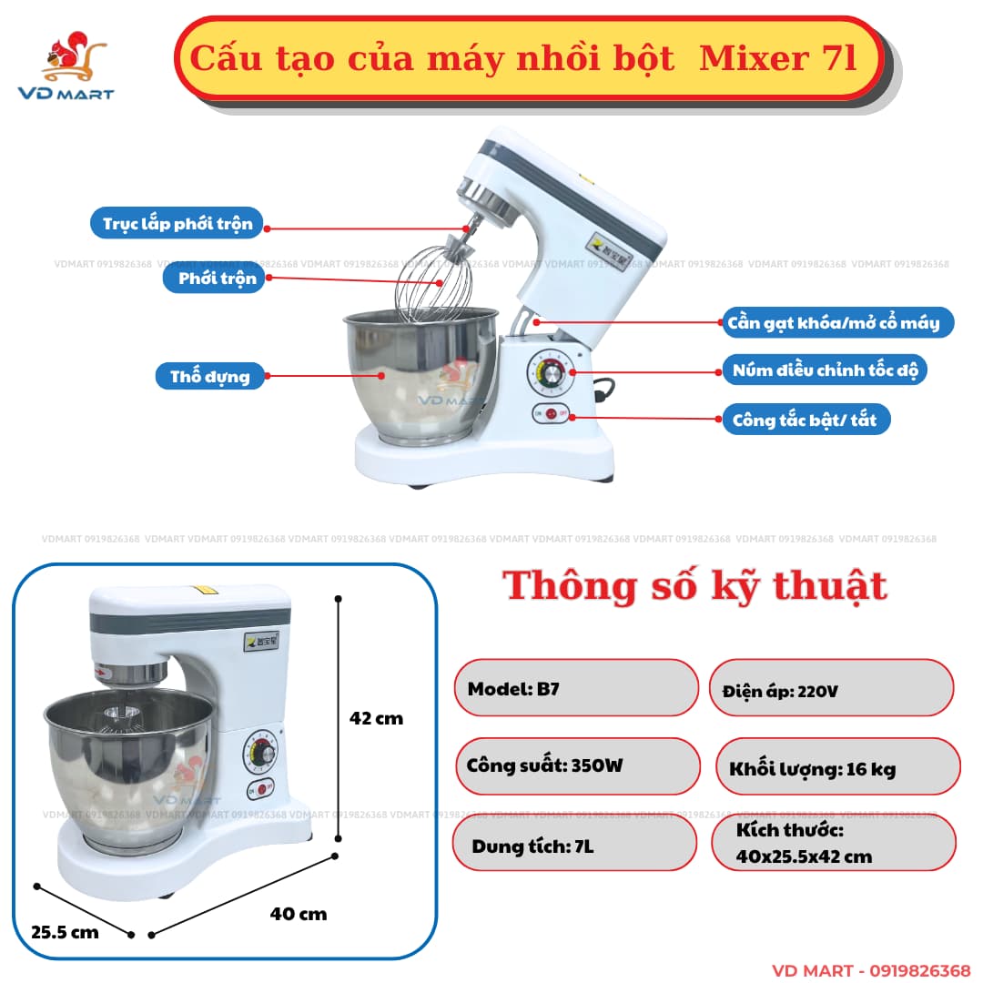 Máy đánh trứng nhồi bột Mixer 7l B7