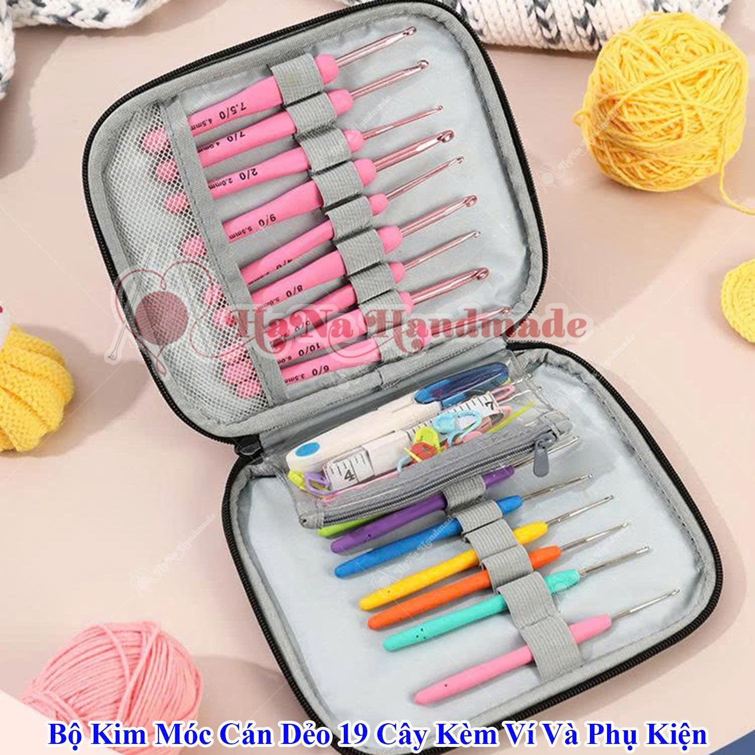 Bộ kim móc cán dẻo 19 cây kèm ví và phụ kiện