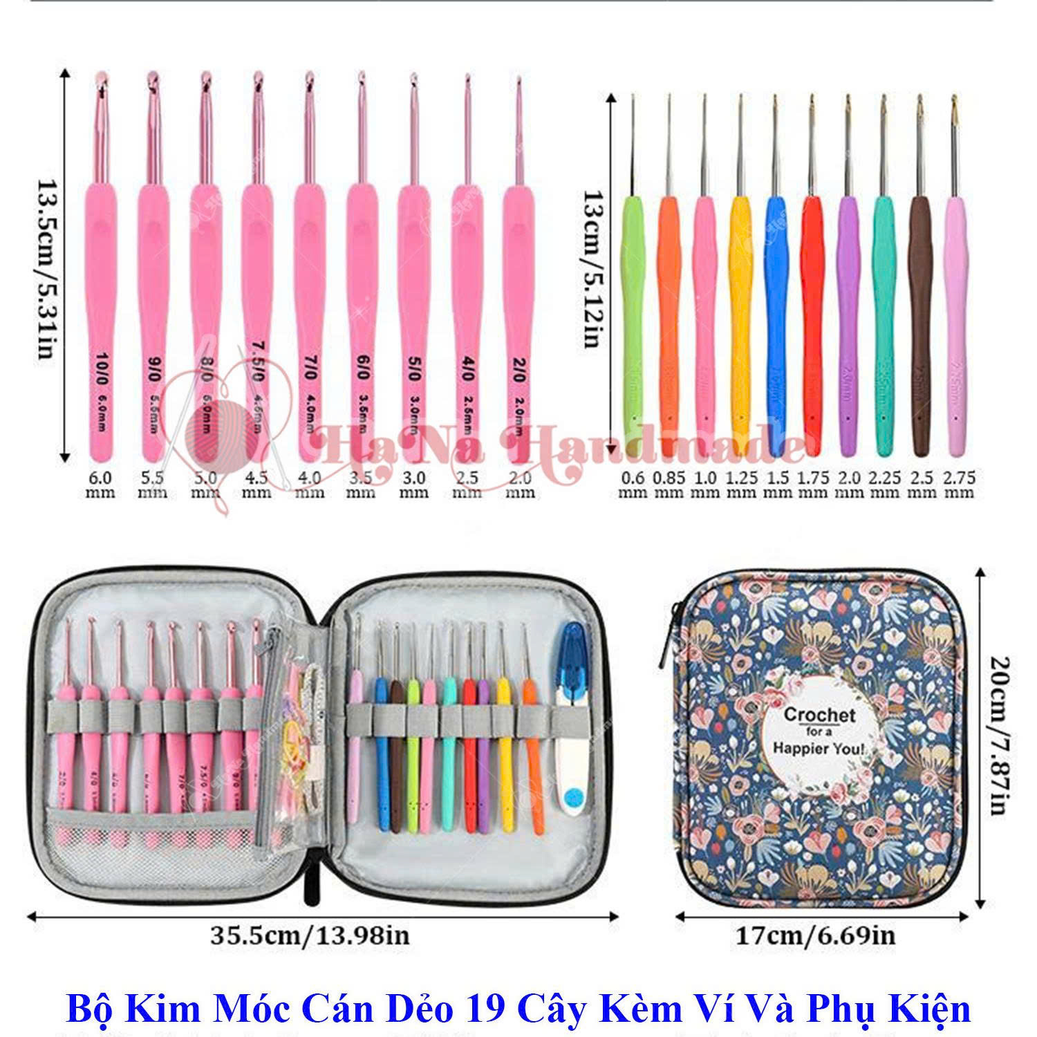Bộ kim móc cán dẻo 19 cây kèm ví và phụ kiện