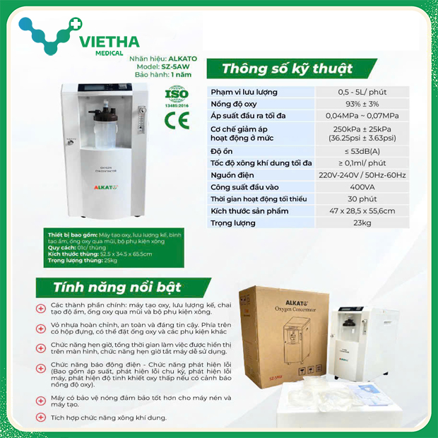 Máy tạo oxy Alkato SZ-5AW 5L/phút New 2024