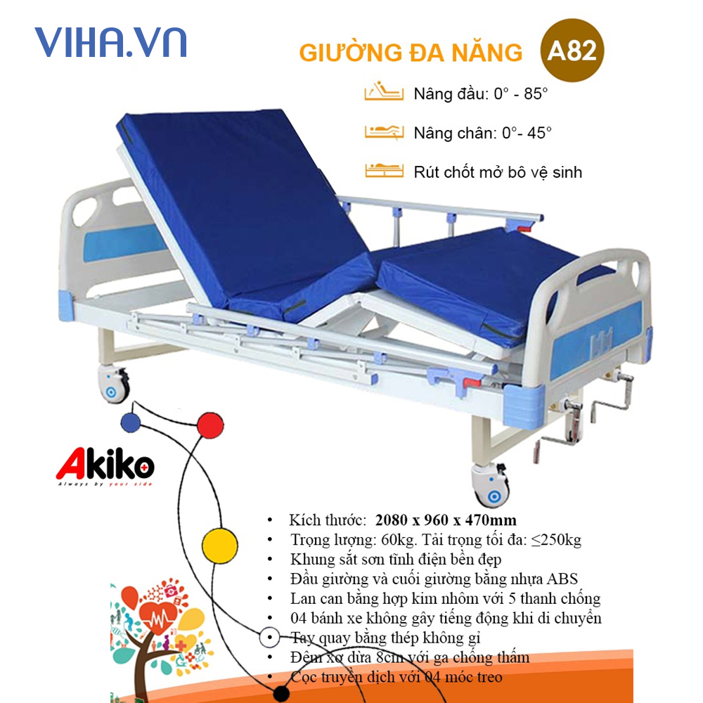 Giường bệnh nhân 2 tay quay Akiko A82 Có bô vệ sinh