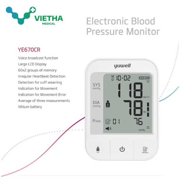 Máy đo huyết áp điện tử Yuwell YE670CR - Pin sạc 300 lần đo
