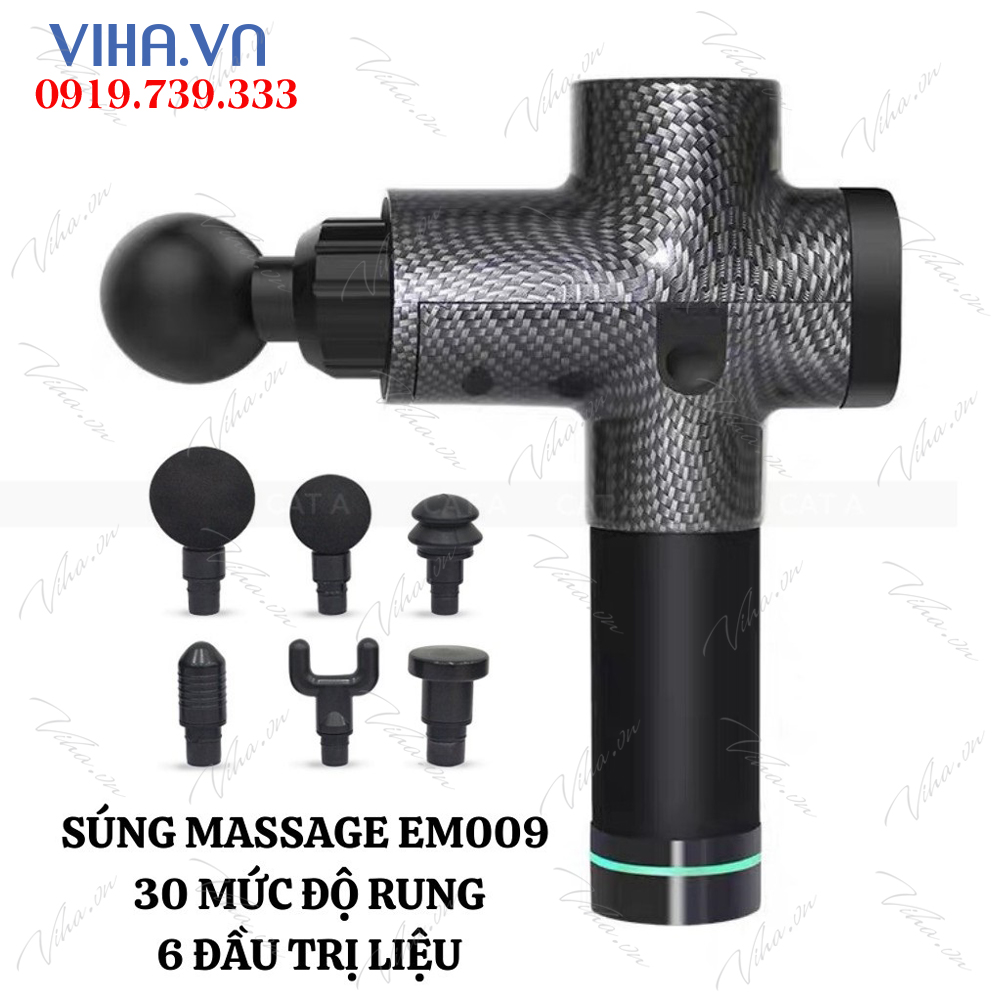 Súng massage gun cầm tay máy massage trị liệu EM009 6 đầu massage 30 mức độ rung