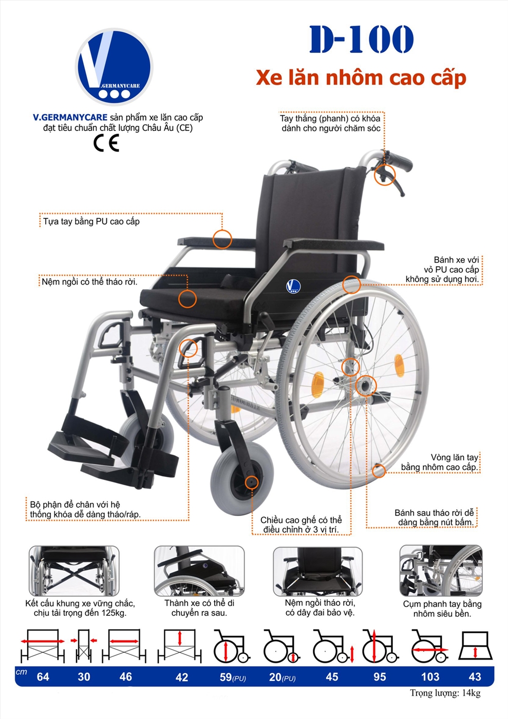 Xe lăn Bỉ khung nhôm cao cấp Vermeiren D100