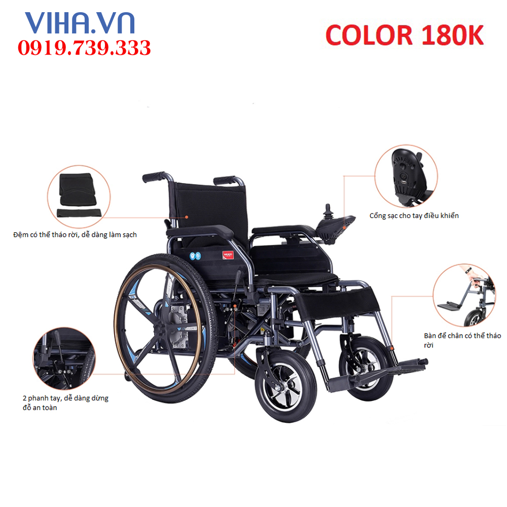 Xe lăn điện COLOR 180K- Xe lăn điện cao cấp bánh đặc gấp gọn