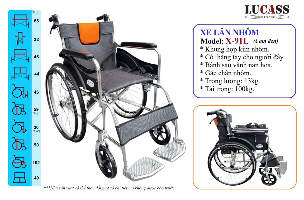 Xe lăn Lucass X91L khung hợp kim nhôm, bánh đúc