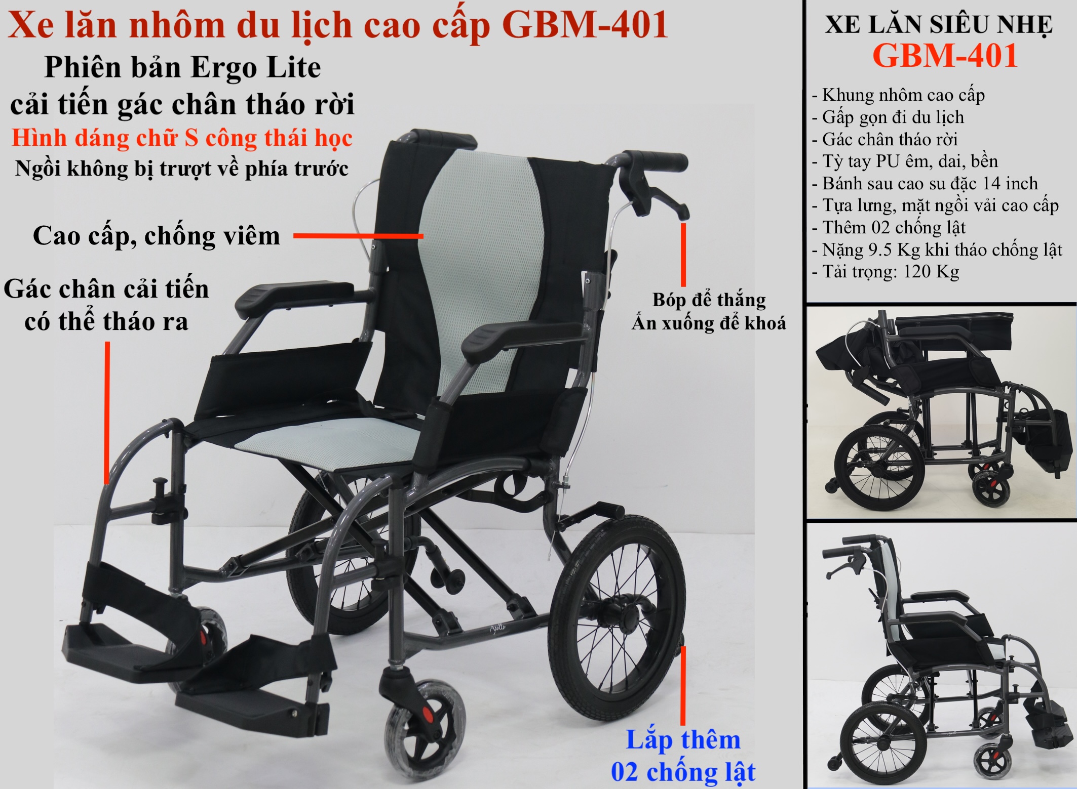 XE LĂN GBM 401 KHUNG NHÔM SIÊU NHẸ